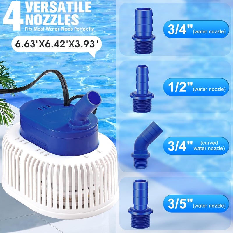 CoolPump Pool Cover Pump with Lights, Above Ground Sump Pump Submersible, Sump Pumps for Pool Draining, Water Removal Pumps with 16ft Drainage Hose & 25 ft Extra Long Power Cord,850 GPH,4 Adapters-Navy Blue - Image 3